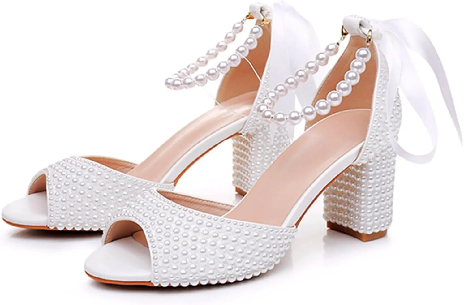 Goolita Pearl Heels For Women Mid Block Ankle Strap Heeled Sandals Round Open Toe Party Evening Bridal Shoes For Wedding