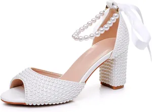 Goolita Pearl Heels For Women Mid Block Ankle Strap Heeled Sandals Round Open Toe Party Evening Bridal Shoes For Wedding