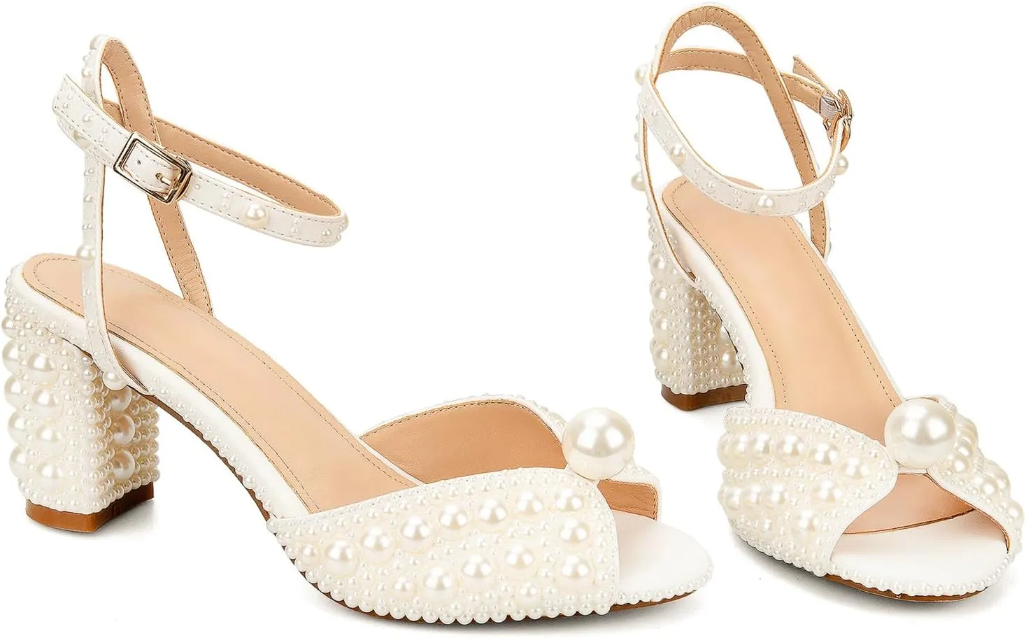 Goolita Pearl Heels For Women Mid Block Ankle Strap Heeled Sandals Round Open Toe Party Evening Bridal Shoes For Wedding