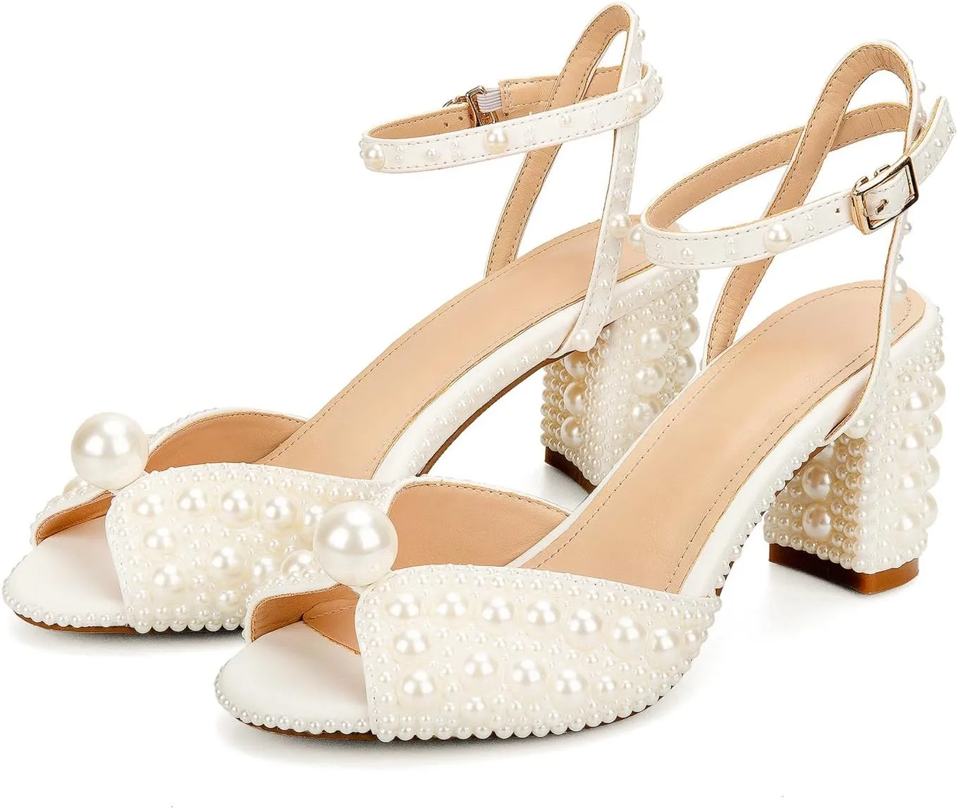 Goolita Pearl Heels For Women Mid Block Ankle Strap Heeled Sandals Round Open Toe Party Evening Bridal Shoes For Wedding