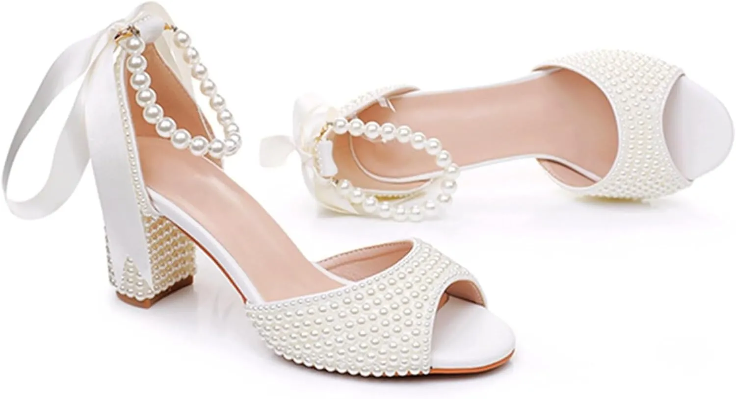 Goolita Pearl Heels For Women Mid Block Ankle Strap Heeled Sandals Round Open Toe Party Evening Bridal Shoes For Wedding