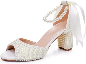 Goolita Pearl Heels For Women Mid Block Ankle Strap Heeled Sandals Round Open Toe Party Evening Bridal Shoes For Wedding