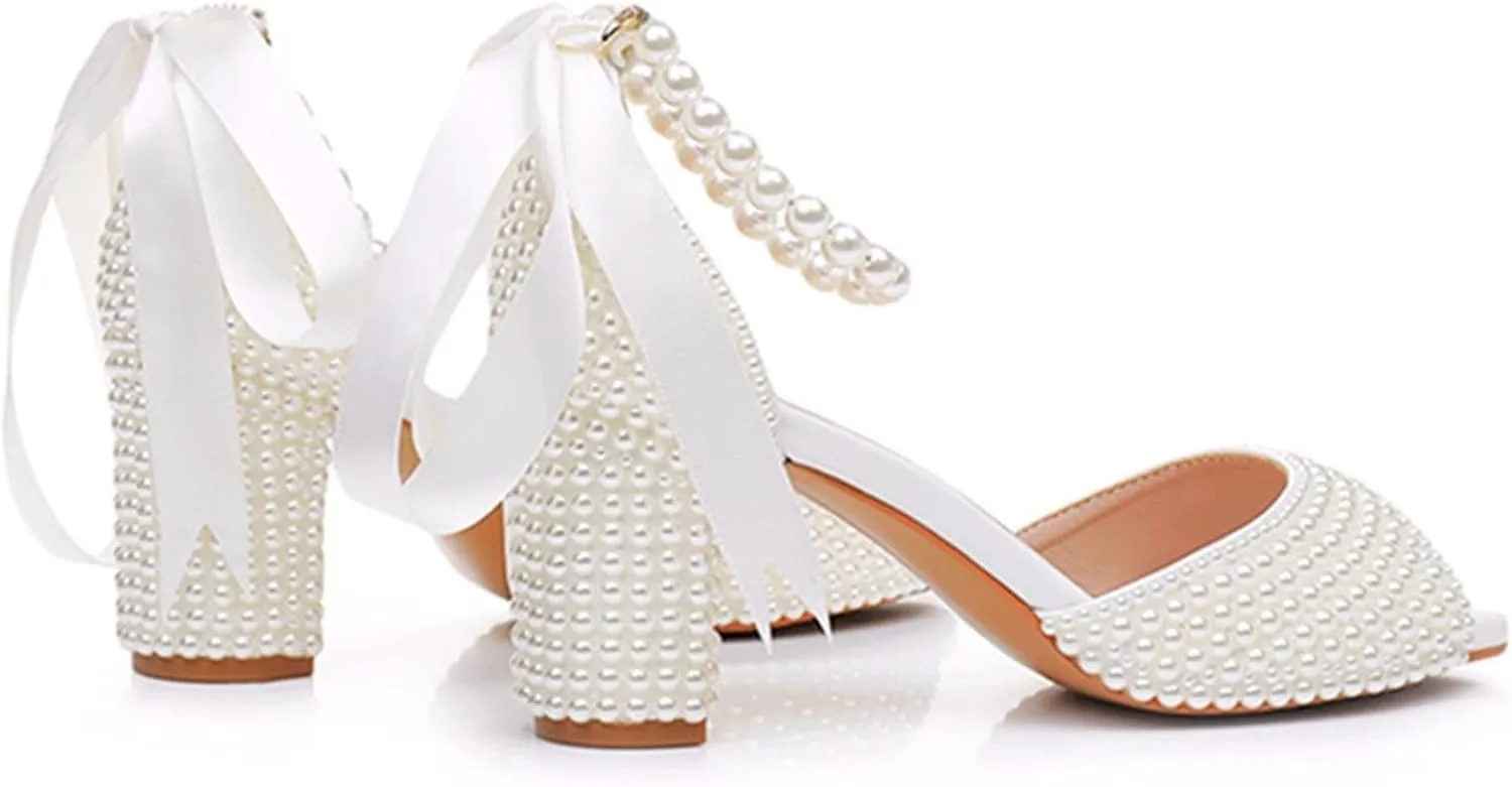 Goolita Pearl Heels For Women Mid Block Ankle Strap Heeled Sandals Round Open Toe Party Evening Bridal Shoes For Wedding