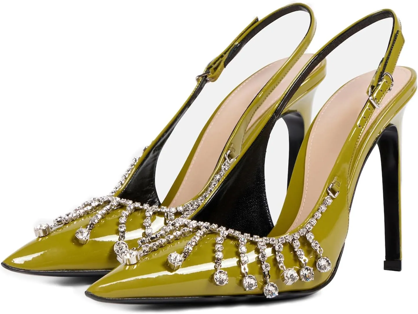 Goolita Sparkly Rhinestone Slingback Heels for Women, Closed Pointed Toe Sexy Stiletto High Heels Buckle Party Pumps Shoes