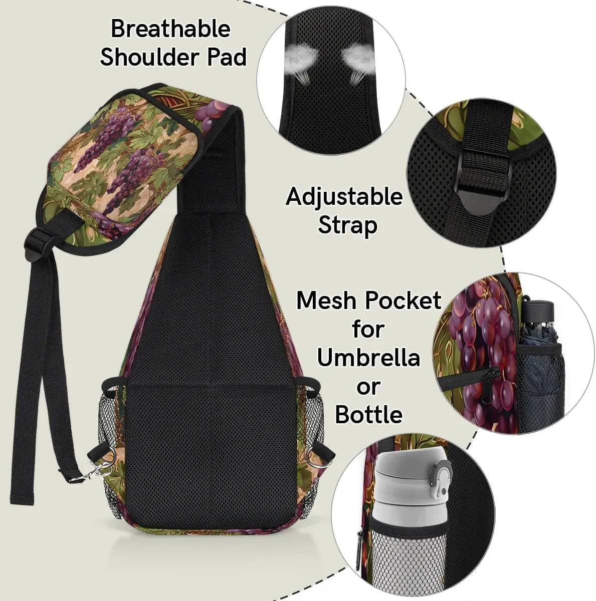 Grape Sling Bag for Women Men, Waterproof Crossbody Sling Backpack Sports Travel Outdoor Chest Bag