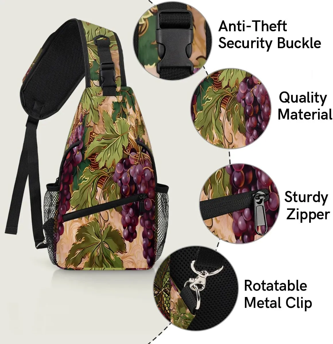Grape Sling Bag for Women Men, Waterproof Crossbody Sling Backpack Sports Travel Outdoor Chest Bag