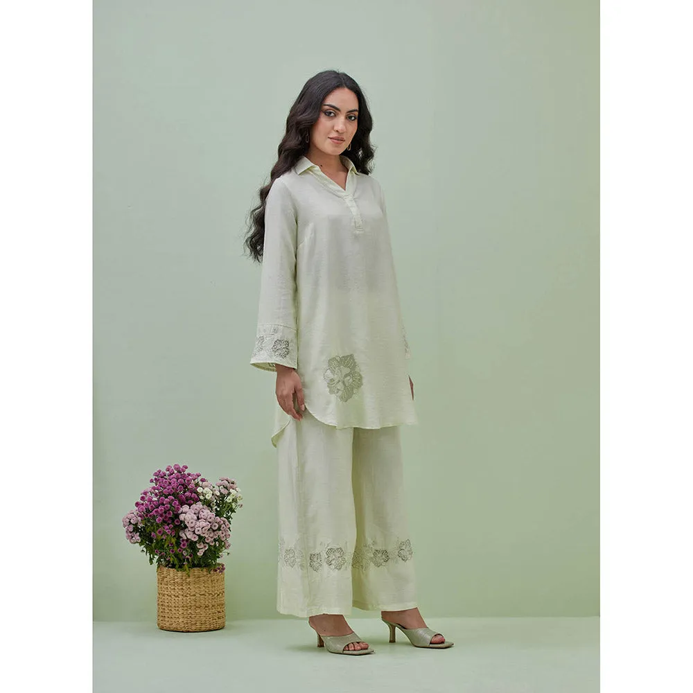 GRASS & SUNSHINE Light Green Applique Embroidered Top with Palazzo (Set of 2)
