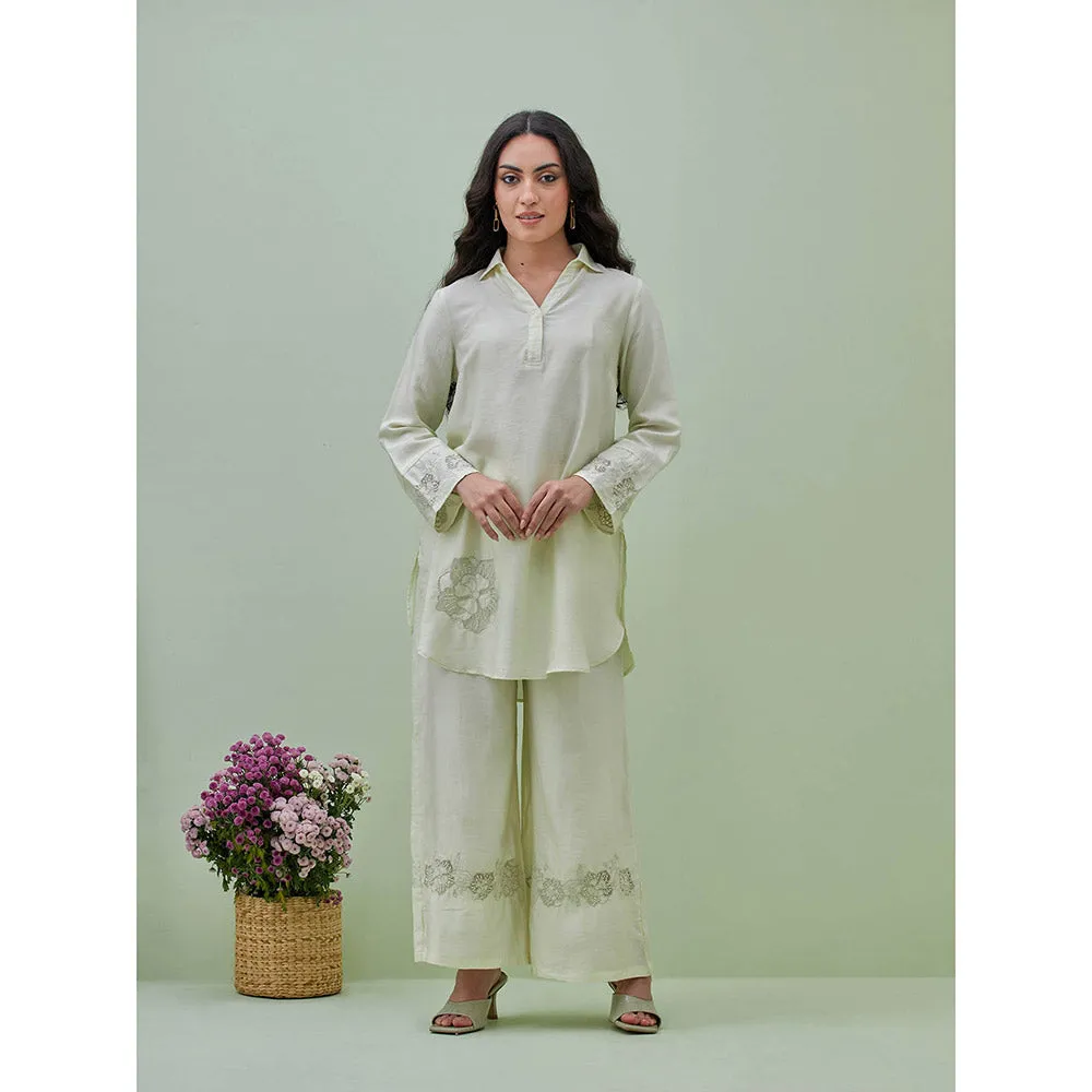 GRASS & SUNSHINE Light Green Applique Embroidered Top with Palazzo (Set of 2)