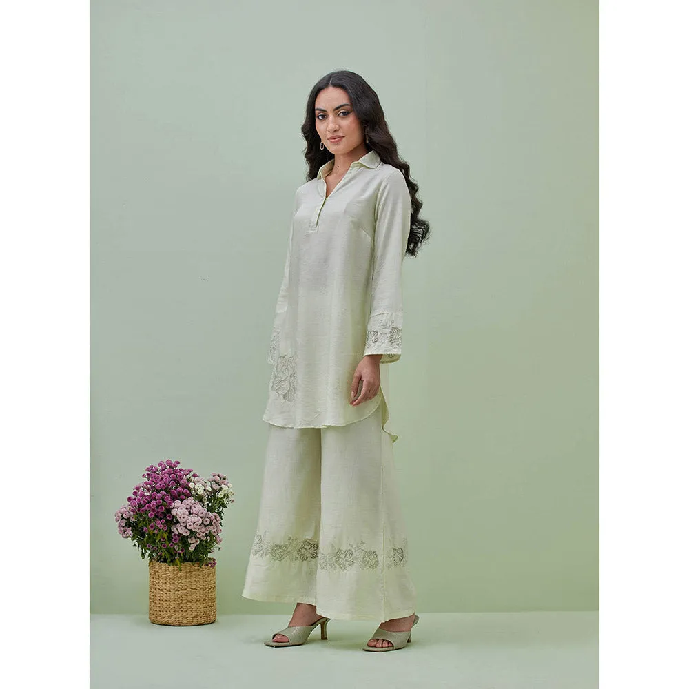 GRASS & SUNSHINE Light Green Applique Embroidered Top with Palazzo (Set of 2)