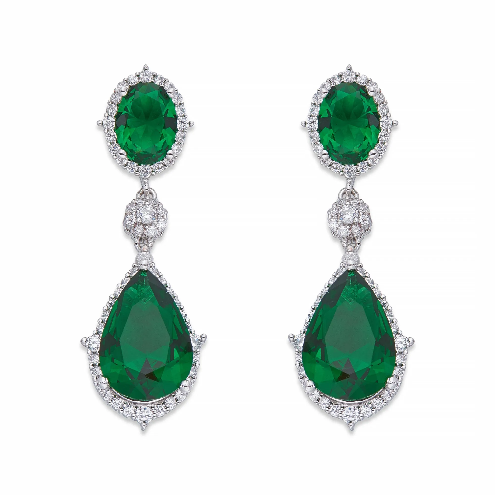 Green Crystals on Silver Dangle Earrings