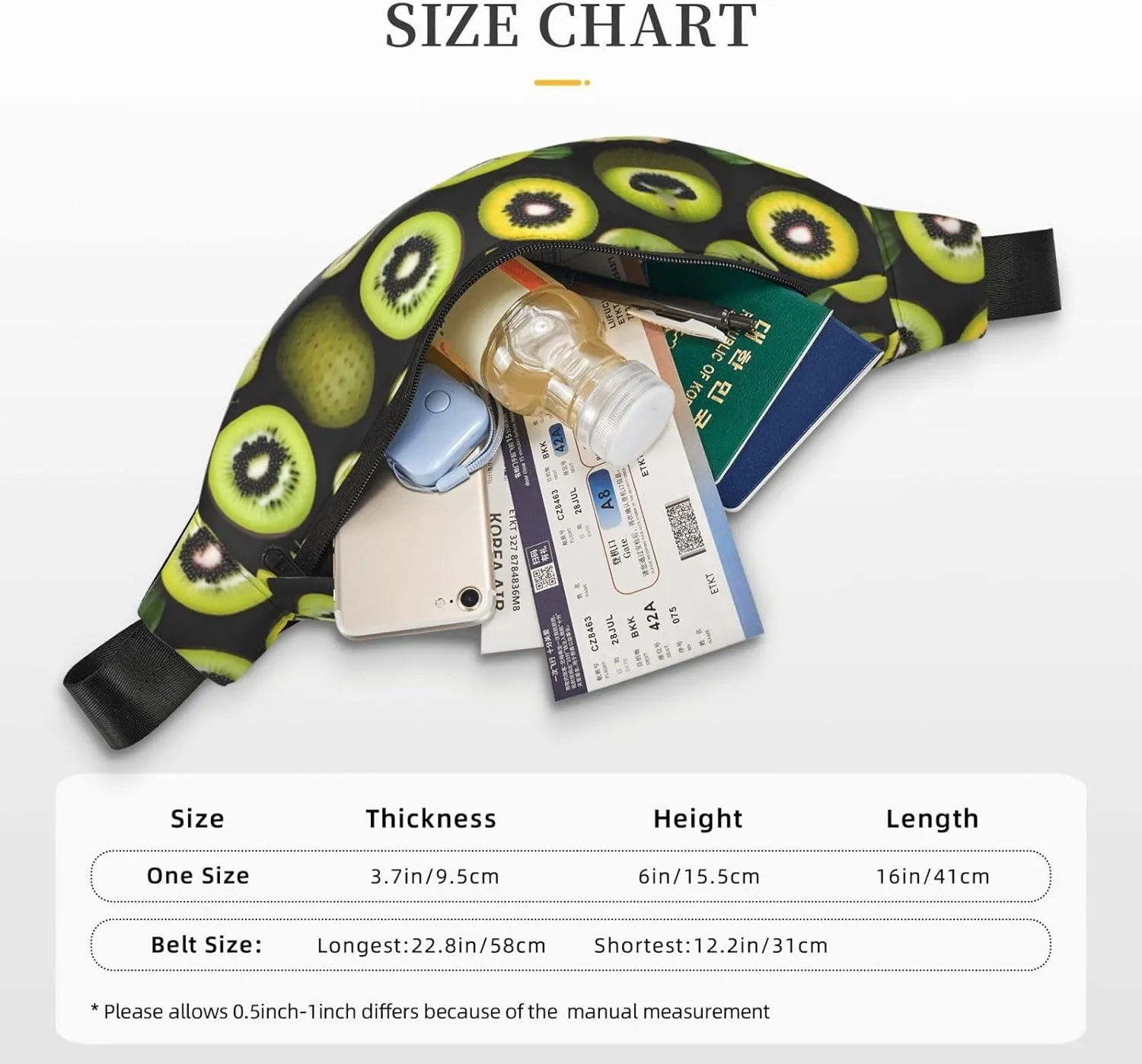 Green Kiwi Print Large Crossbody Fanny Pack, Cute Waterproof Waist Pack Belt Bag For Men, Women, Stylish Running Accessory