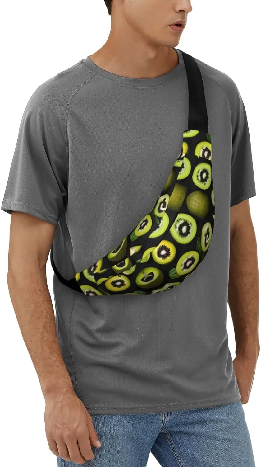 Green Kiwi Print Large Crossbody Fanny Pack, Cute Waterproof Waist Pack Belt Bag For Men, Women, Stylish Running Accessory