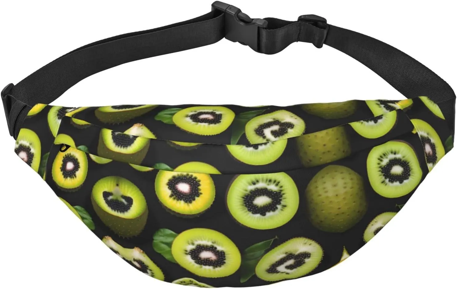 Green Kiwi Print Large Crossbody Fanny Pack, Cute Waterproof Waist Pack Belt Bag For Men, Women, Stylish Running Accessory
