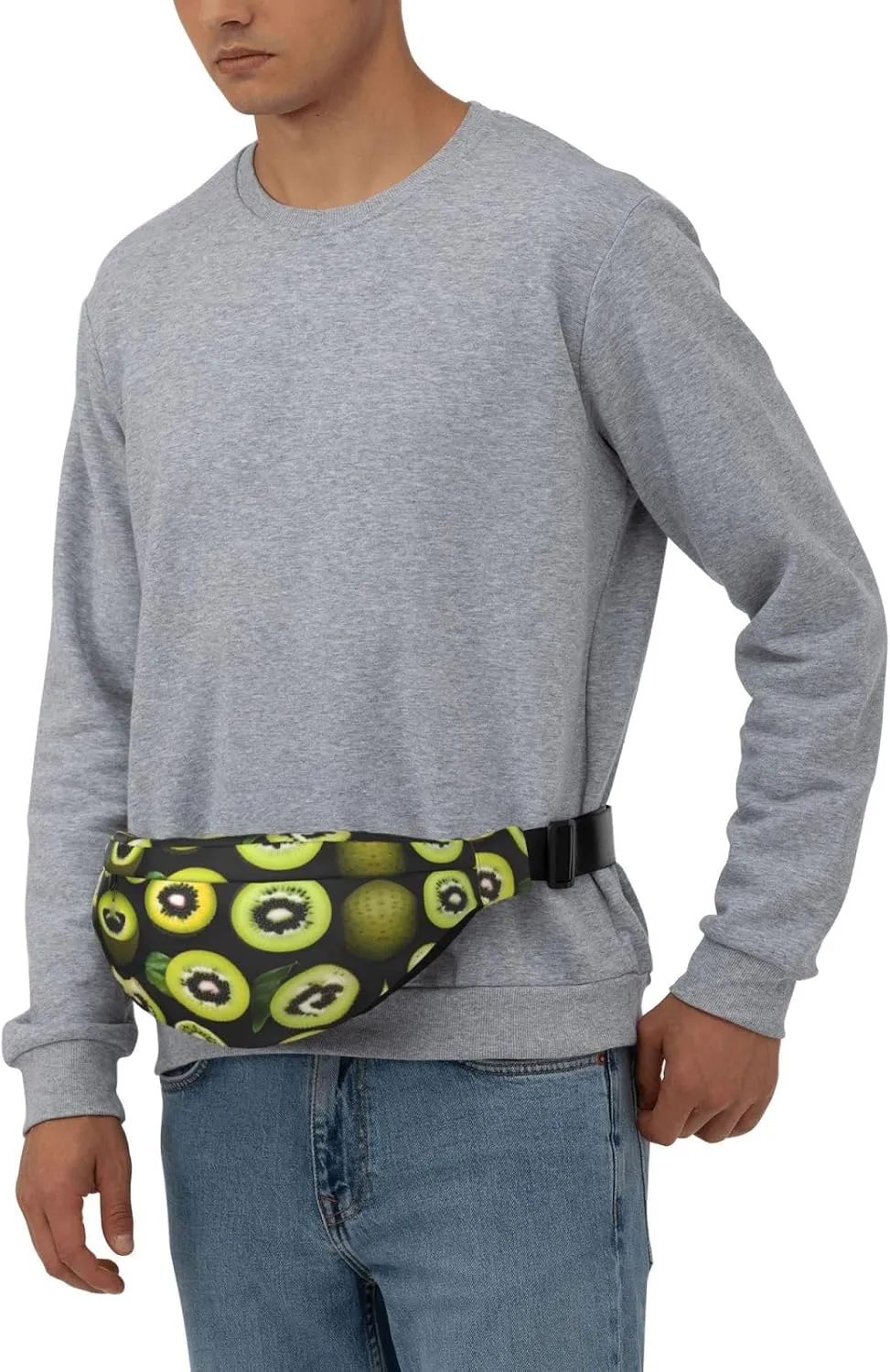 Green Kiwi Print Large Crossbody Fanny Pack, Cute Waterproof Waist Pack Belt Bag For Men, Women, Stylish Running Accessory