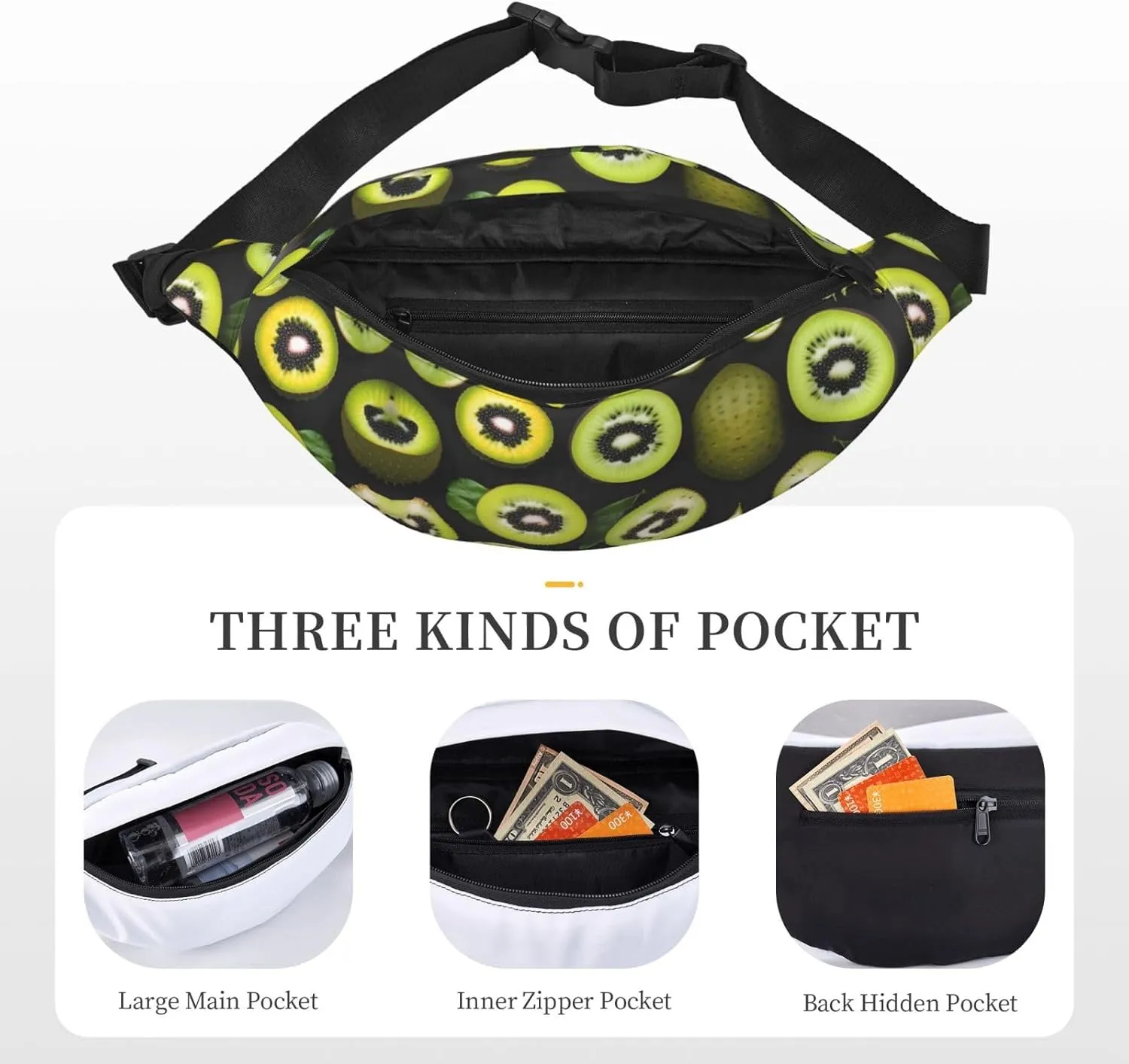 Green Kiwi Print Large Crossbody Fanny Pack, Cute Waterproof Waist Pack Belt Bag For Men, Women, Stylish Running Accessory