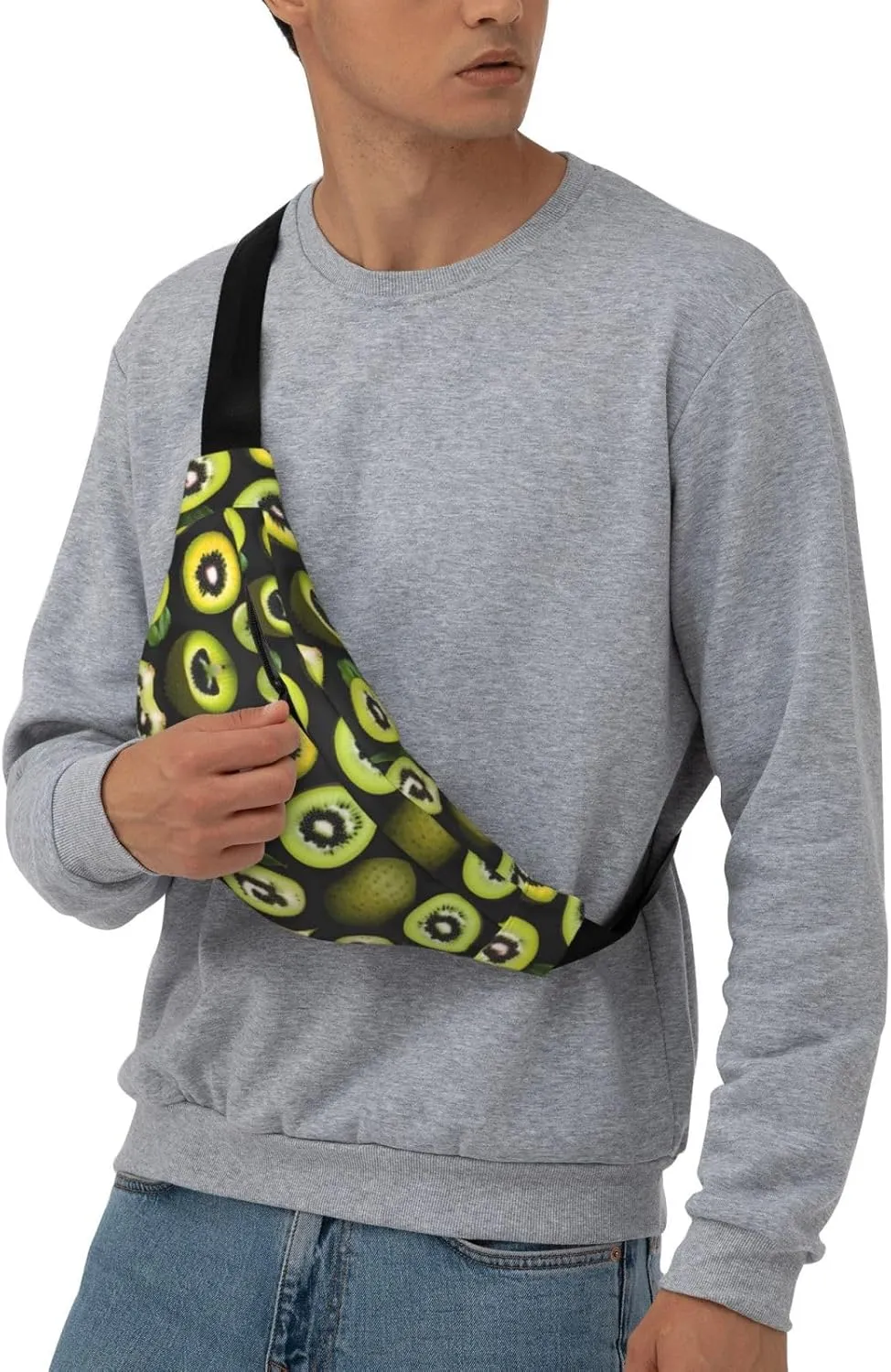 Green Kiwi Print Large Crossbody Fanny Pack, Cute Waterproof Waist Pack Belt Bag For Men, Women, Stylish Running Accessory