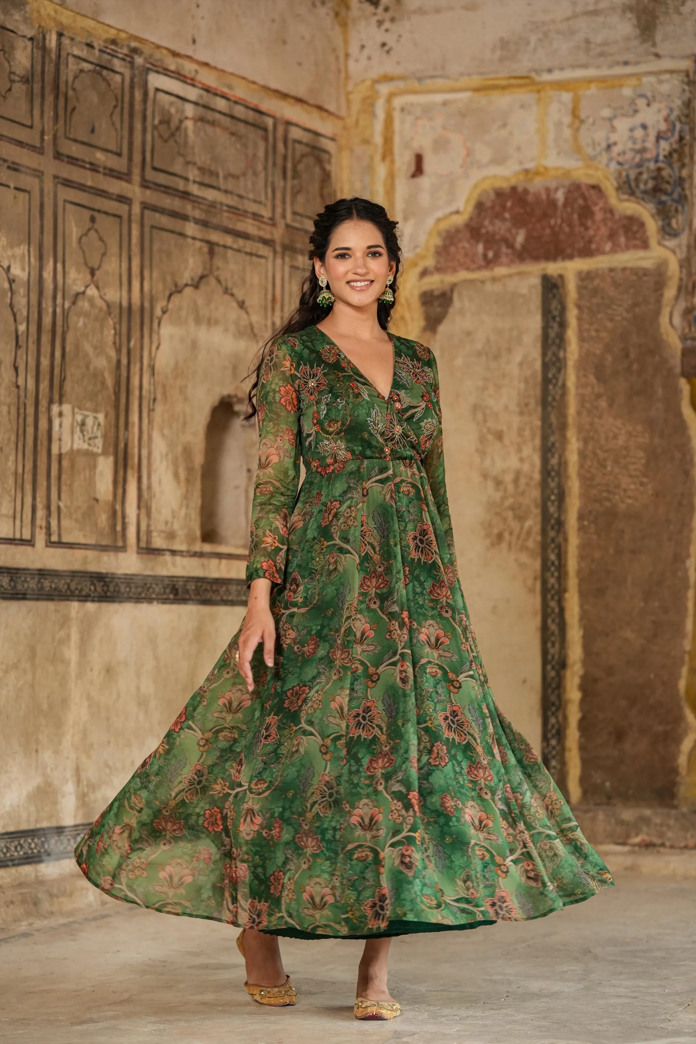 Green Organza Floral Embellished Anarkali Gown