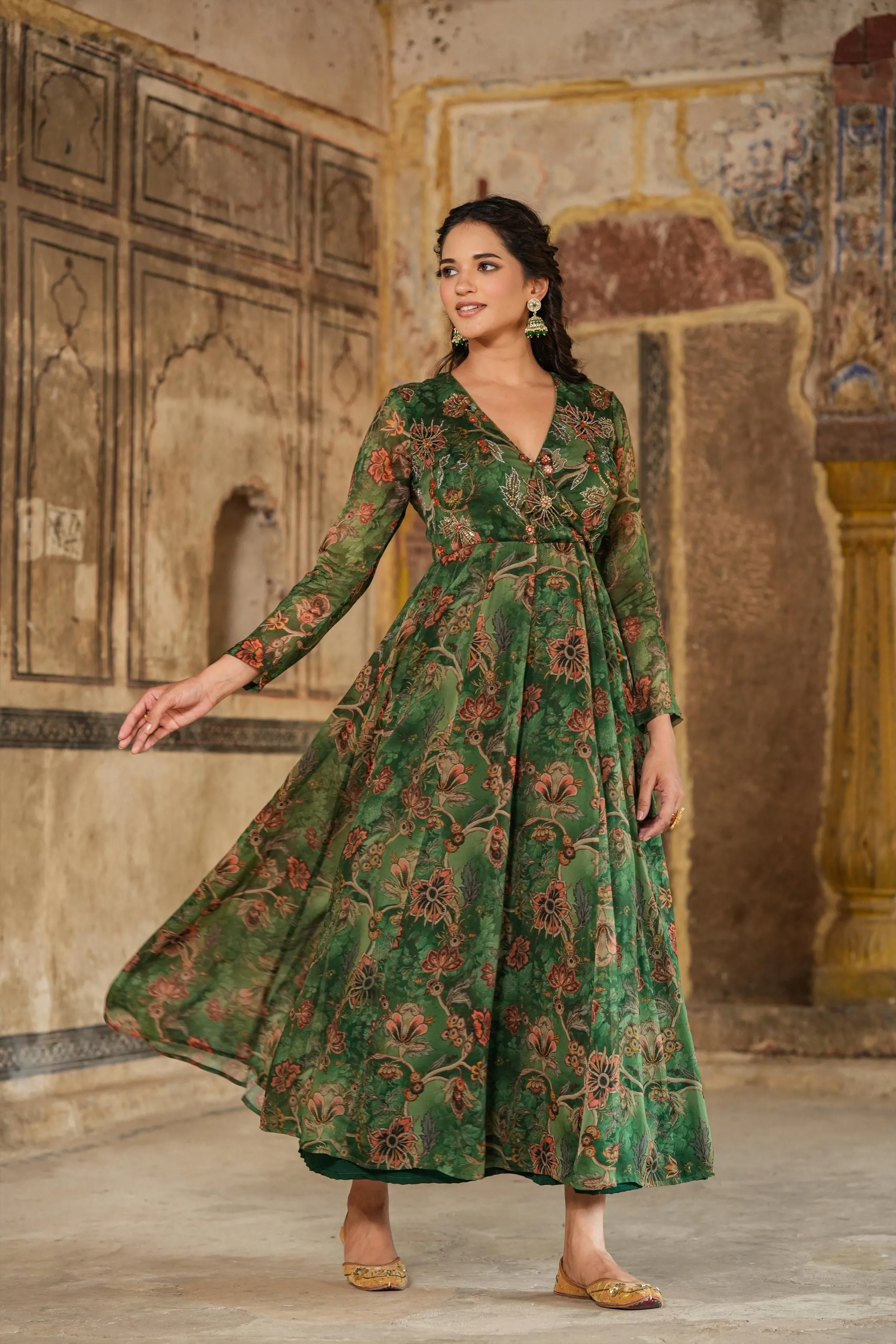 Green Organza Floral Embellished Anarkali Gown