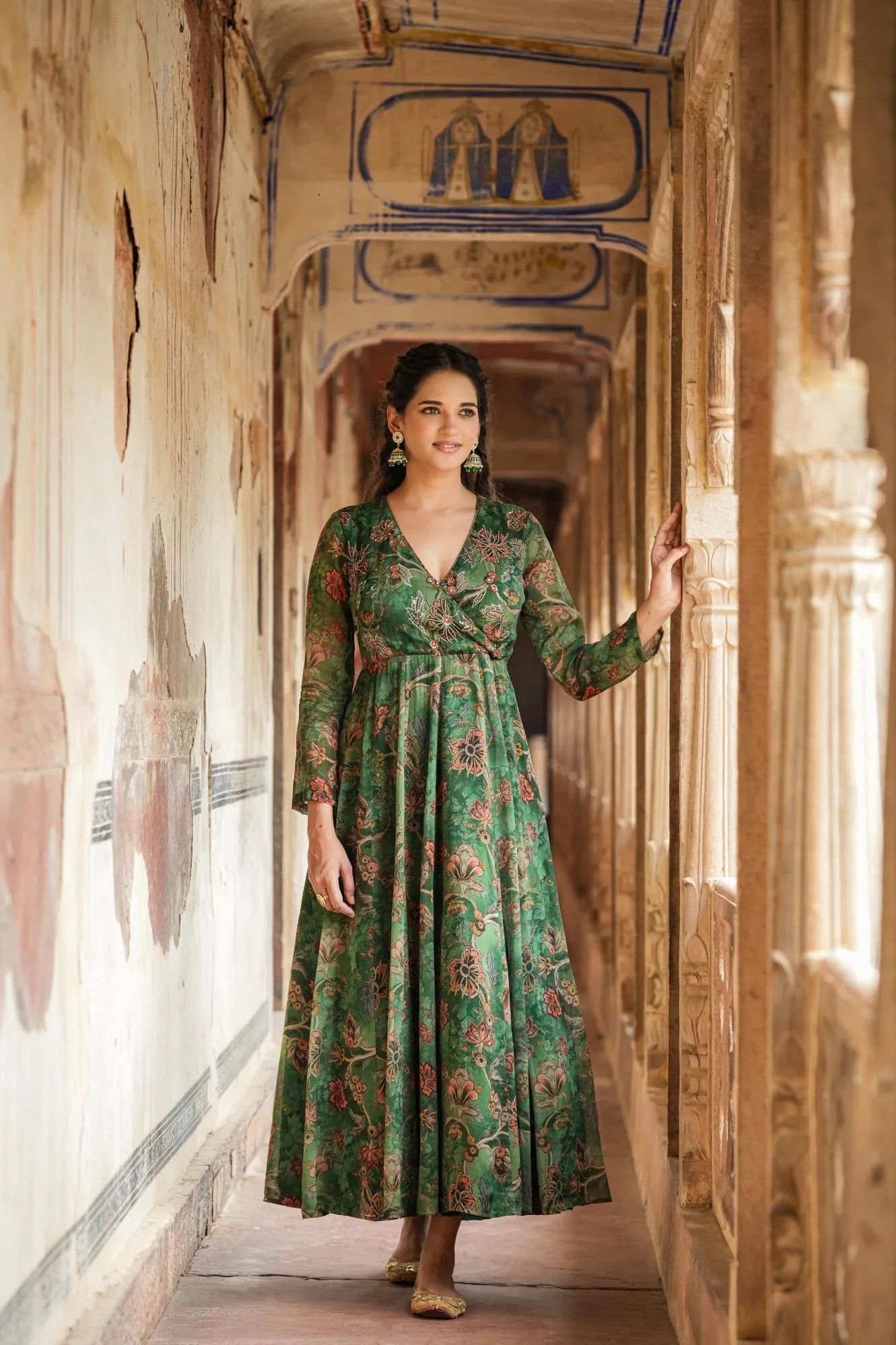 Green Organza Floral Embellished Anarkali Gown