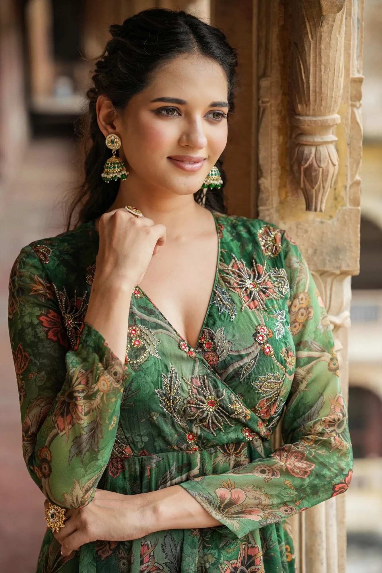 Green Organza Floral Embellished Anarkali Gown