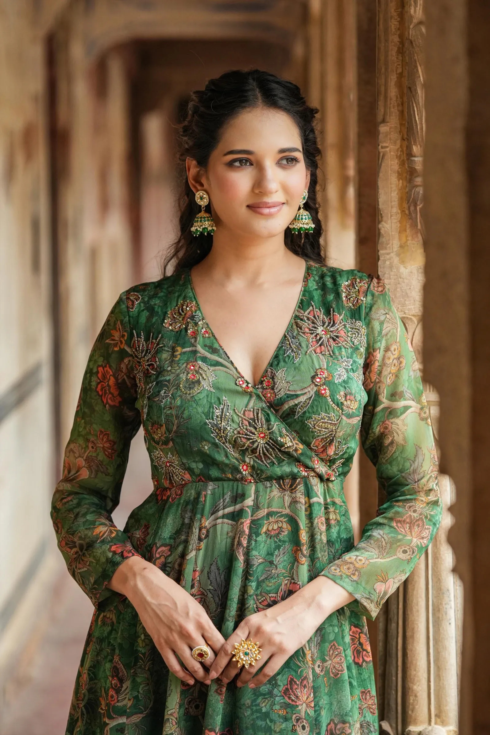 Green Organza Floral Embellished Anarkali Gown