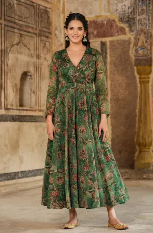 Green Organza Floral Embellished Anarkali Gown