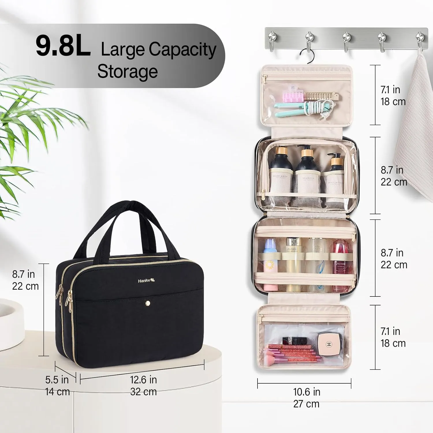 Hanke Hanging Travel Toiletry Bag for Women with Jewelry Organizer Compartment, Travel Essentials Toiletries and Makeup Bag, Water-Resistant & Stain-Resistant with Trolley Strap (Black)