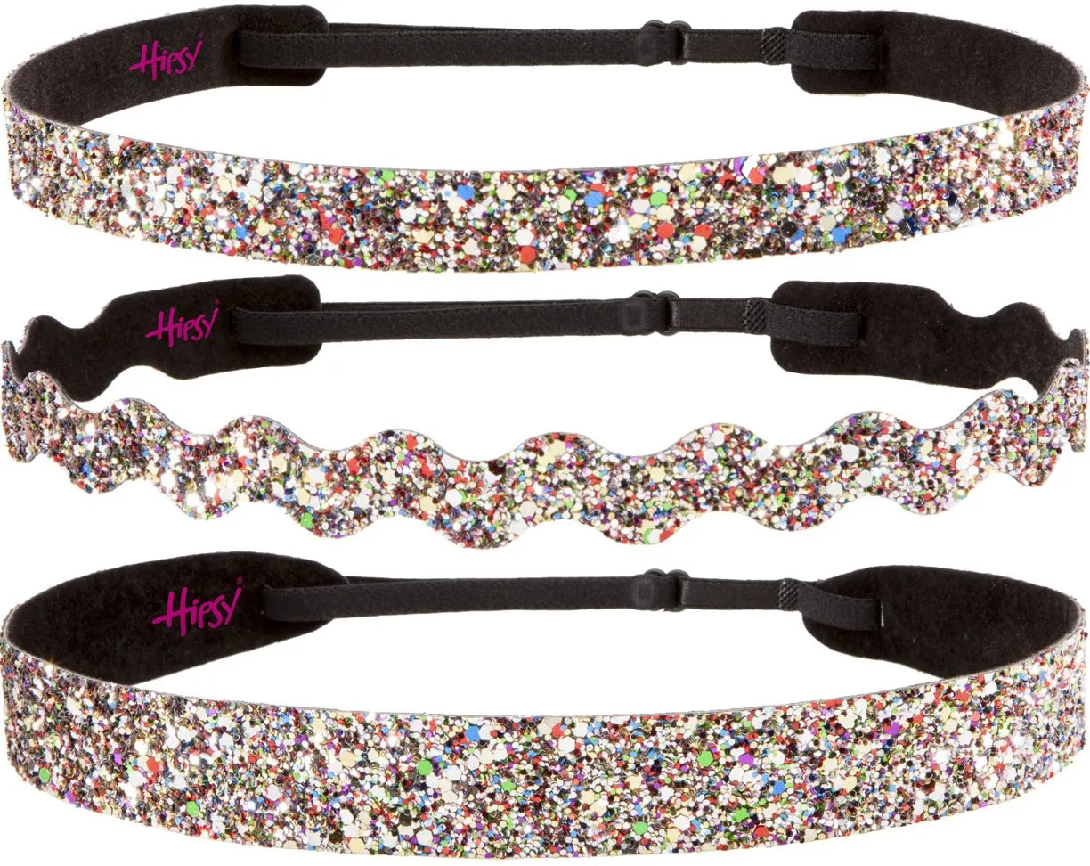 Hipsy PETITE Size, Adjustable No Slip Sparkly Bling Mixed 3pk Headbands for Women Girls & Teens (Bling Glitter Mixed Confetti)