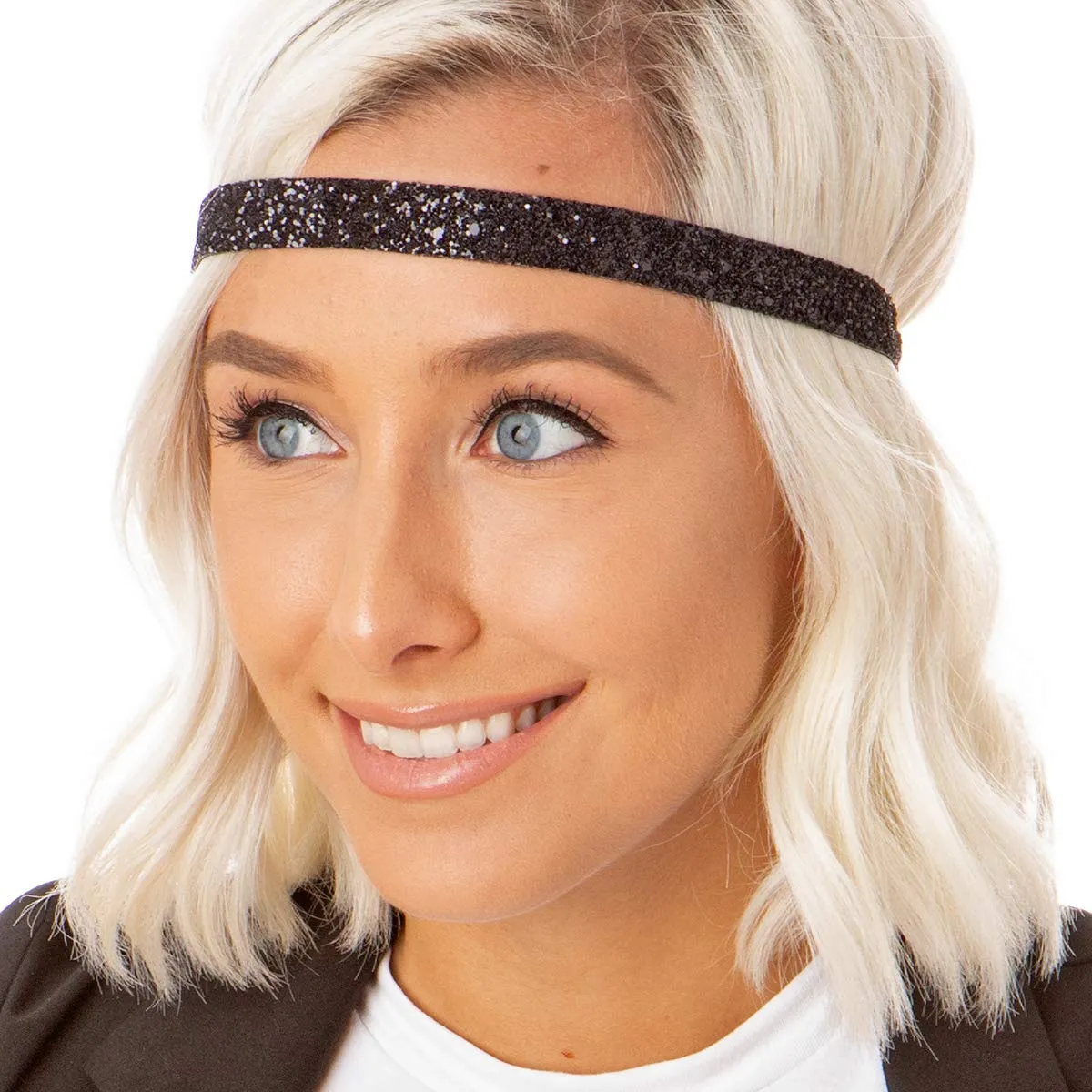 Hipsy PLUS Size, Adjustable No Slip Sparkly Bling Mixed 2pk Headbands for Women Girls & Teens (Bling Glitter Mixed Black)