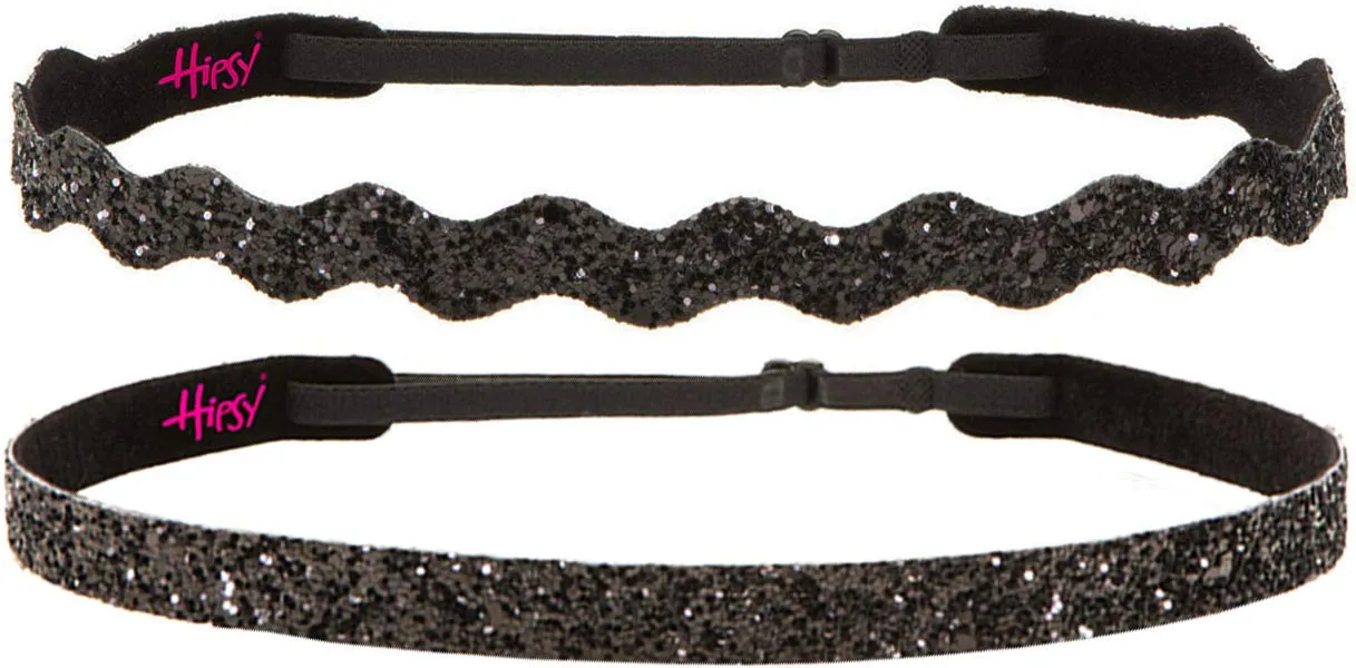 Hipsy PLUS Size, Adjustable No Slip Sparkly Bling Mixed 2pk Headbands for Women Girls & Teens (Bling Glitter Mixed Black)