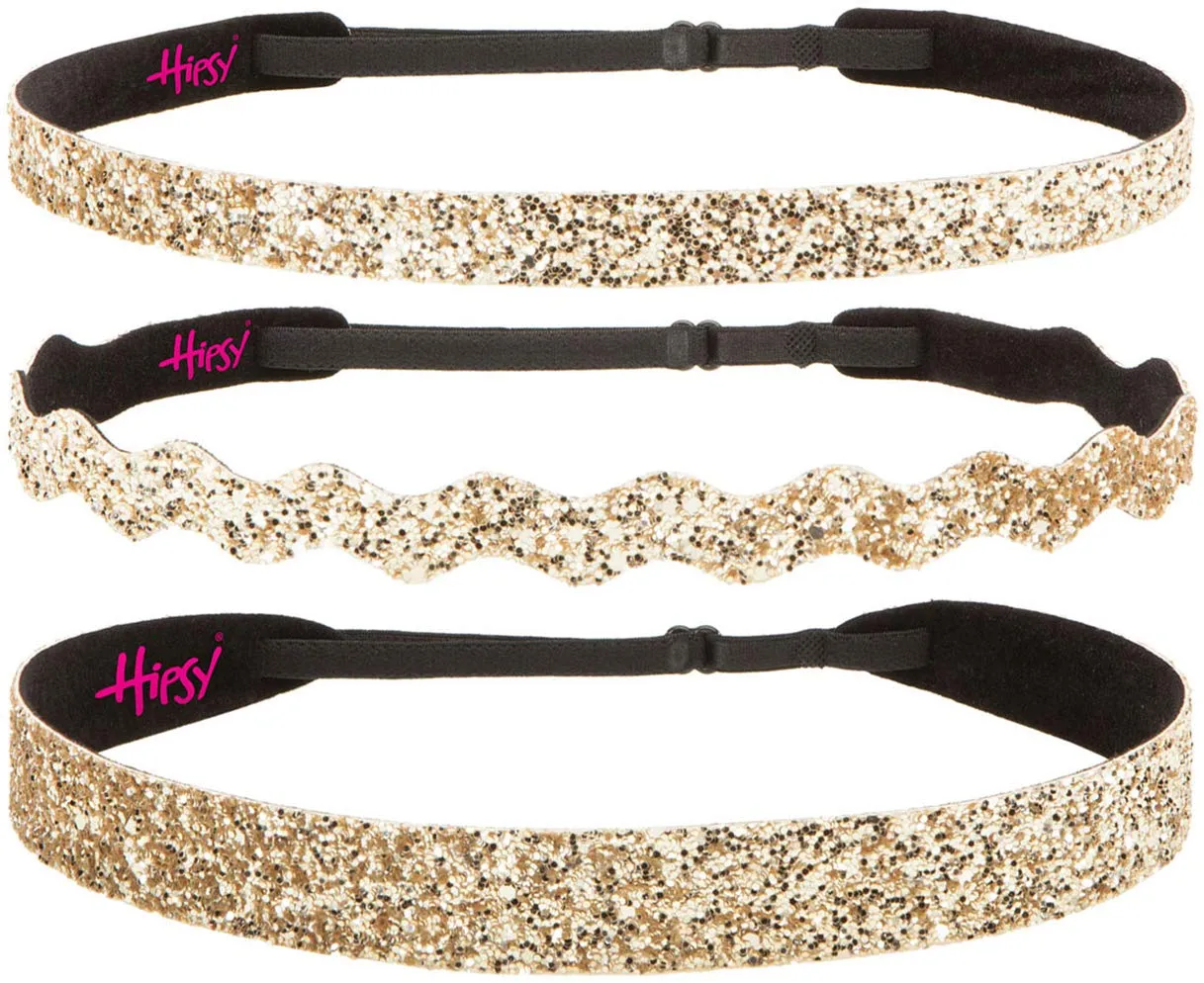 Hipsy REGULAR Size, Adjustable No Slip Sparkly Bling Mixed 3pk Headbands for Women Girls & Teens (Bling Glitter Mixed Gold)