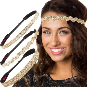 Hipsy REGULAR Size, Adjustable No Slip Sparkly Bling Mixed 3pk Headbands for Women Girls & Teens (Bling Glitter Mixed Gold)