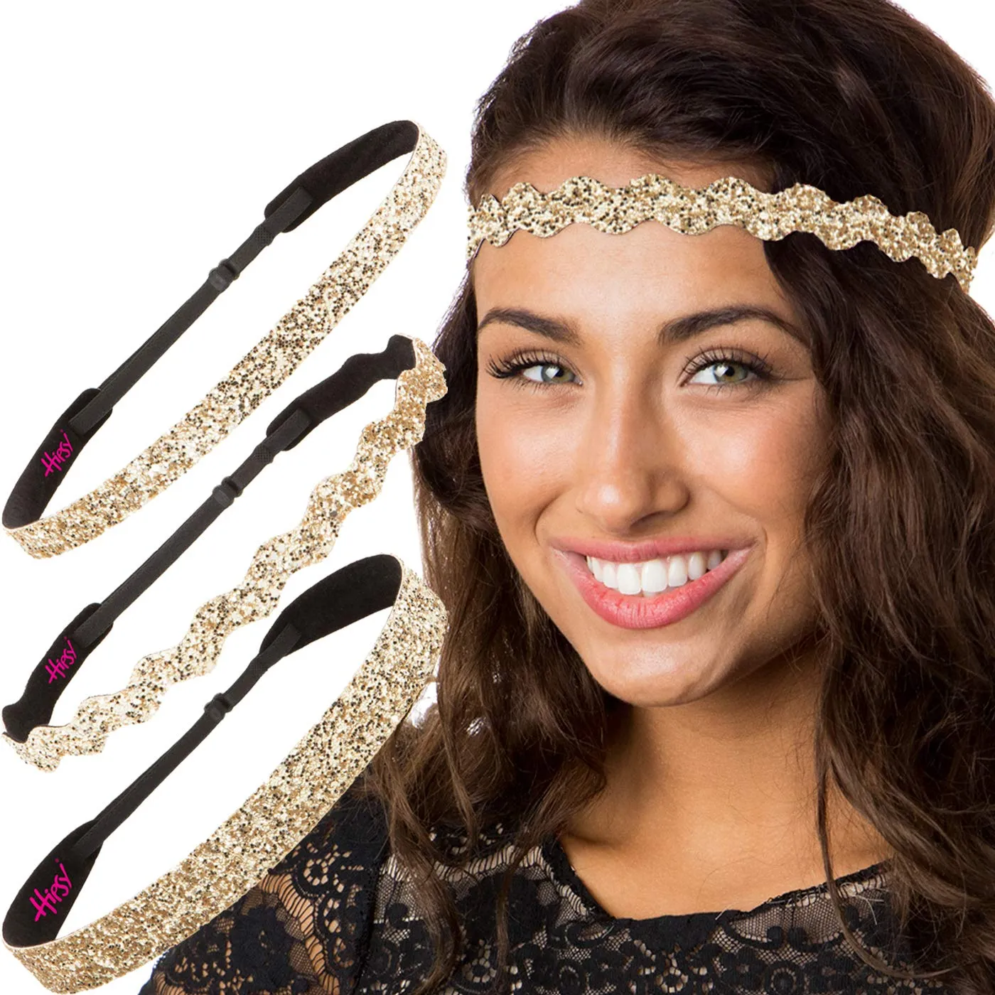 Hipsy REGULAR Size, Adjustable No Slip Sparkly Bling Mixed 3pk Headbands for Women Girls & Teens (Bling Glitter Mixed Gold)