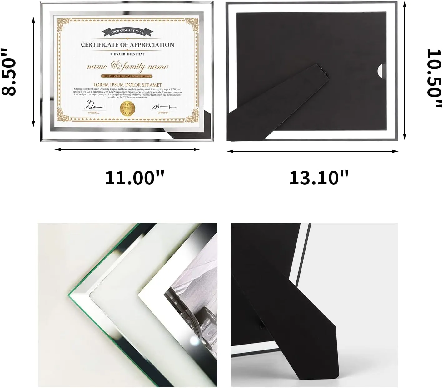 Hoikwo 8.5x11 Picture Frames, 6 Packs Silver Glass Certificate Frames for Document Diploma Award, Only for Tabletop Display Vertically or Horizontally
