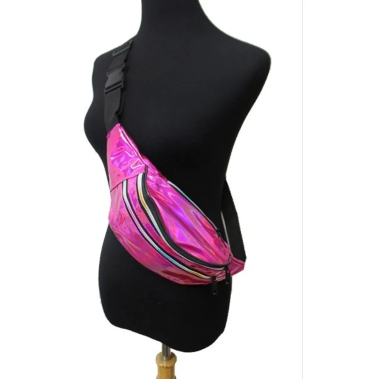 Holographic iridescent triple Zip Fanny pack