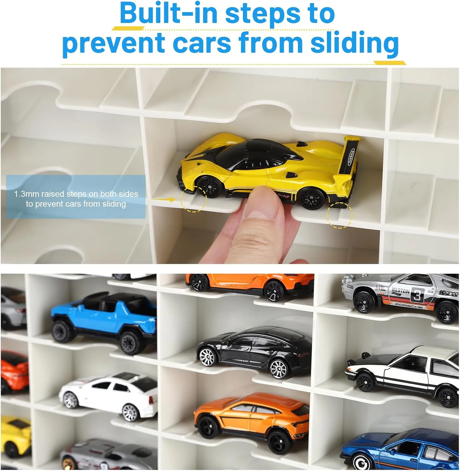 Hot Wheels Storage Case: Carrying Display Case for 1/64 Scale Toy Cars, 48-Slot Double-Sided Transparent Organizer with Built-in Steps & Adjustable Dividers (2 Packs)