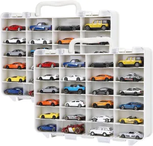 Hot Wheels Storage Case: Carrying Display Case for 1/64 Scale Toy Cars, 48-Slot Double-Sided Transparent Organizer with Built-in Steps & Adjustable Dividers (2 Packs)