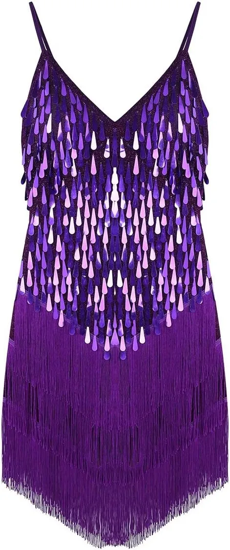 iEFiEL Wonen's Spaghetti Straps Sparkling Sequins Gowns Rhythm Ballroom Salsa Samba Rumba Tango Latin Dance Dress