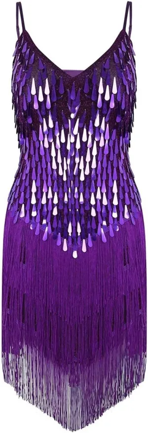 iEFiEL Wonen's Spaghetti Straps Sparkling Sequins Gowns Rhythm Ballroom Salsa Samba Rumba Tango Latin Dance Dress