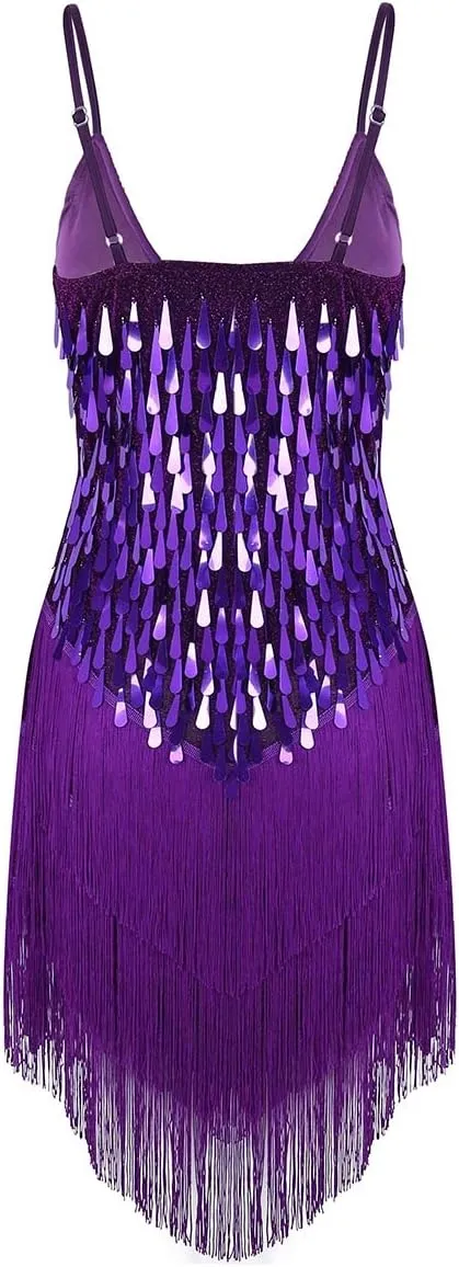 iEFiEL Wonen's Spaghetti Straps Sparkling Sequins Gowns Rhythm Ballroom Salsa Samba Rumba Tango Latin Dance Dress