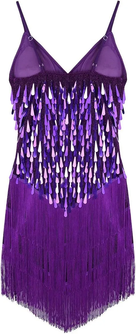 iEFiEL Wonen's Spaghetti Straps Sparkling Sequins Gowns Rhythm Ballroom Salsa Samba Rumba Tango Latin Dance Dress
