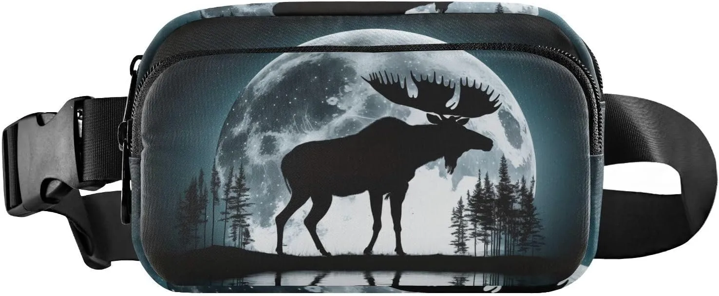 Illustrations Moose Moon Fanny Pack Waist Pack Water Resistant Extendable Buckle Strap Crossbody Purse Travel Pouch for Running Hiking Training 8×5.3×1.6 inches