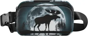 Illustrations Moose Moon Fanny Pack Waist Pack Water Resistant Extendable Buckle Strap Crossbody Purse Travel Pouch for Running Hiking Training 8×5.3×1.6 inches