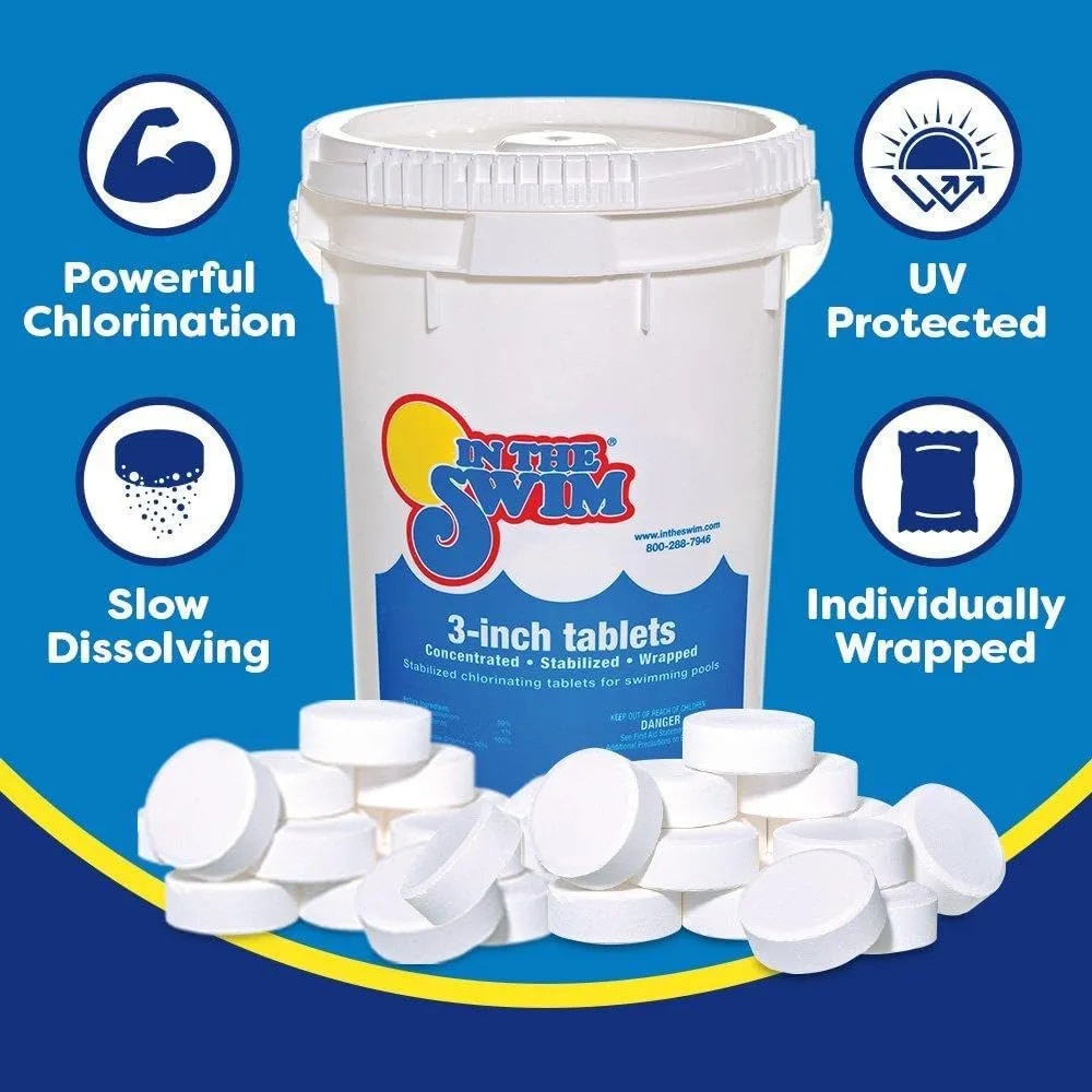 In The Swim Shock and Chlorine Bundle for Sanitizing Swimming Pools – Includes 24 x 1 Pound Bags of 68% Cal-Hypo Pool Shock and 50 Pound Bucket of 3 Inch Stabilized Chlorine Tablets