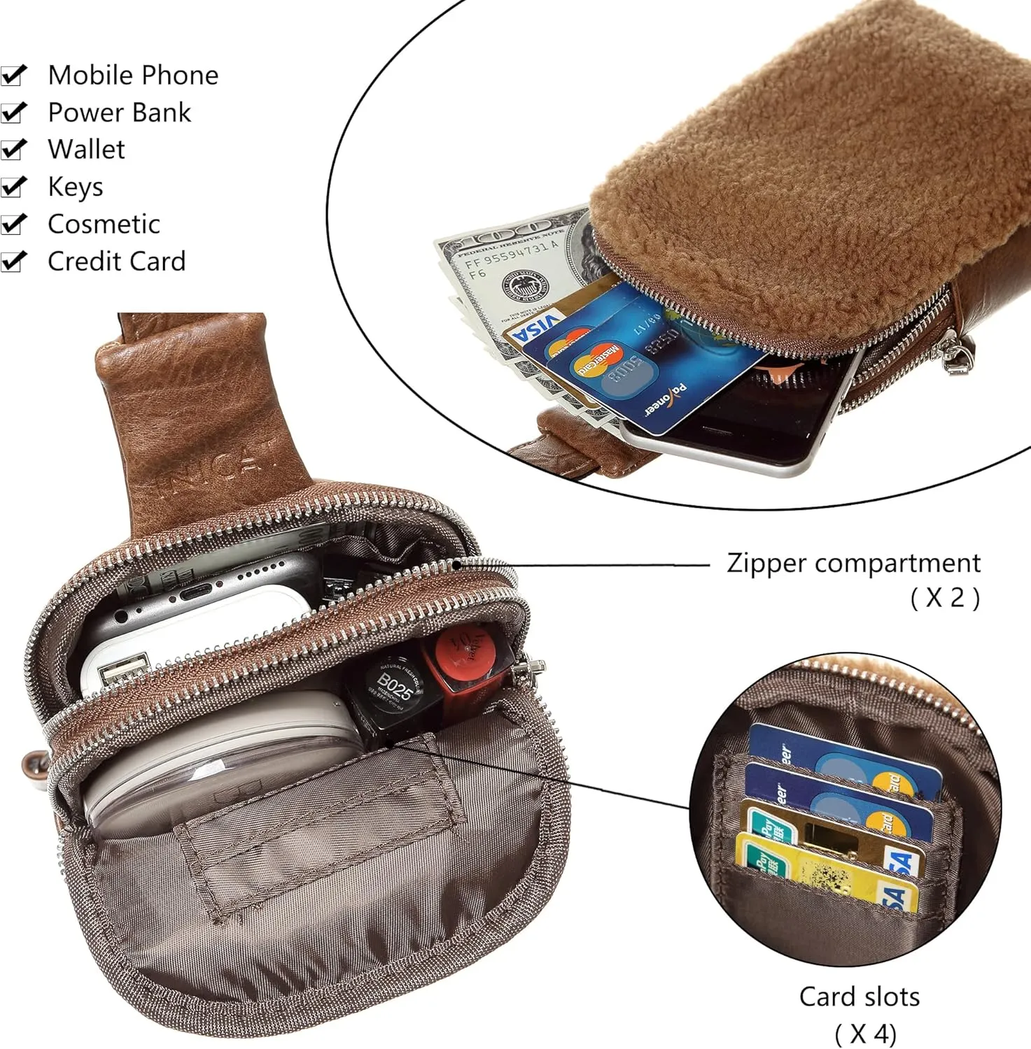 INICAT Sling Bag for Women Small Crossbody Bags Leather Fanny Pack for Travel Essentials(White Fleece)