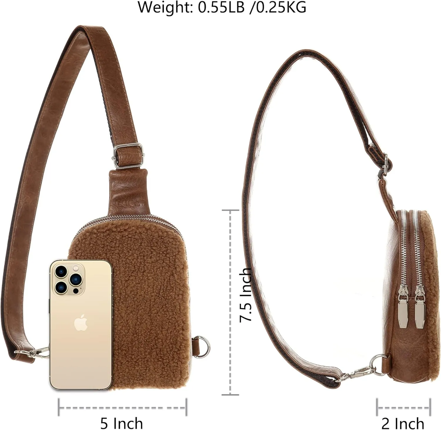 INICAT Sling Bag for Women Small Crossbody Bags Leather Fanny Pack for Travel Essentials(White Fleece)