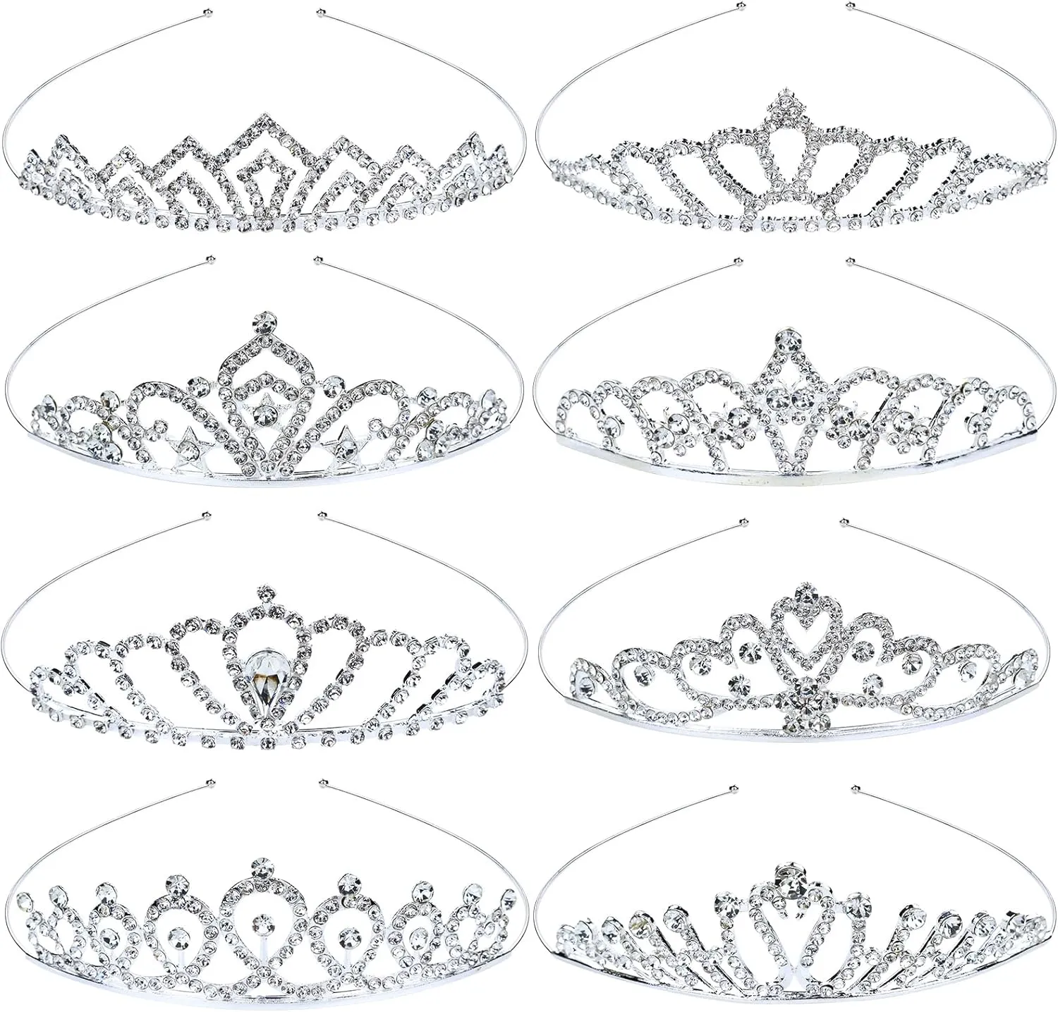 inSowni 8 Pieces Decorative Princess Dazzling Rhinestone Silver Metal Tiara Crown Headbands Wedding Birthday Party Prom Headpieces for Brides Bridesmaids Women Girls Teens Kids