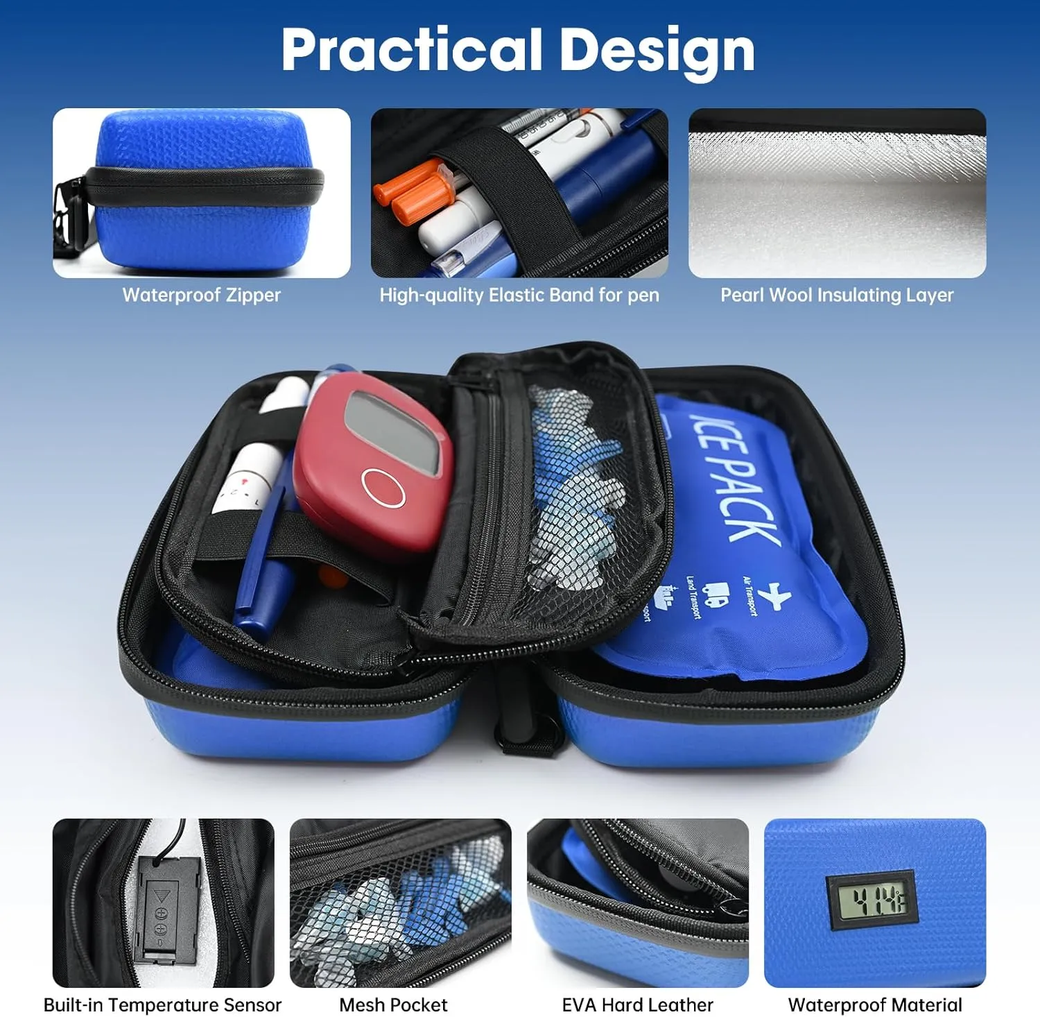 Insulin Cooler Travel Case Portable Refrigerated Medicine Organizer Bag for Diabetic Supplies, TSA Approved Medication Cooling Case with 2 Ice Packs, Perfect for Insulin/Pens/Vials(Blue)