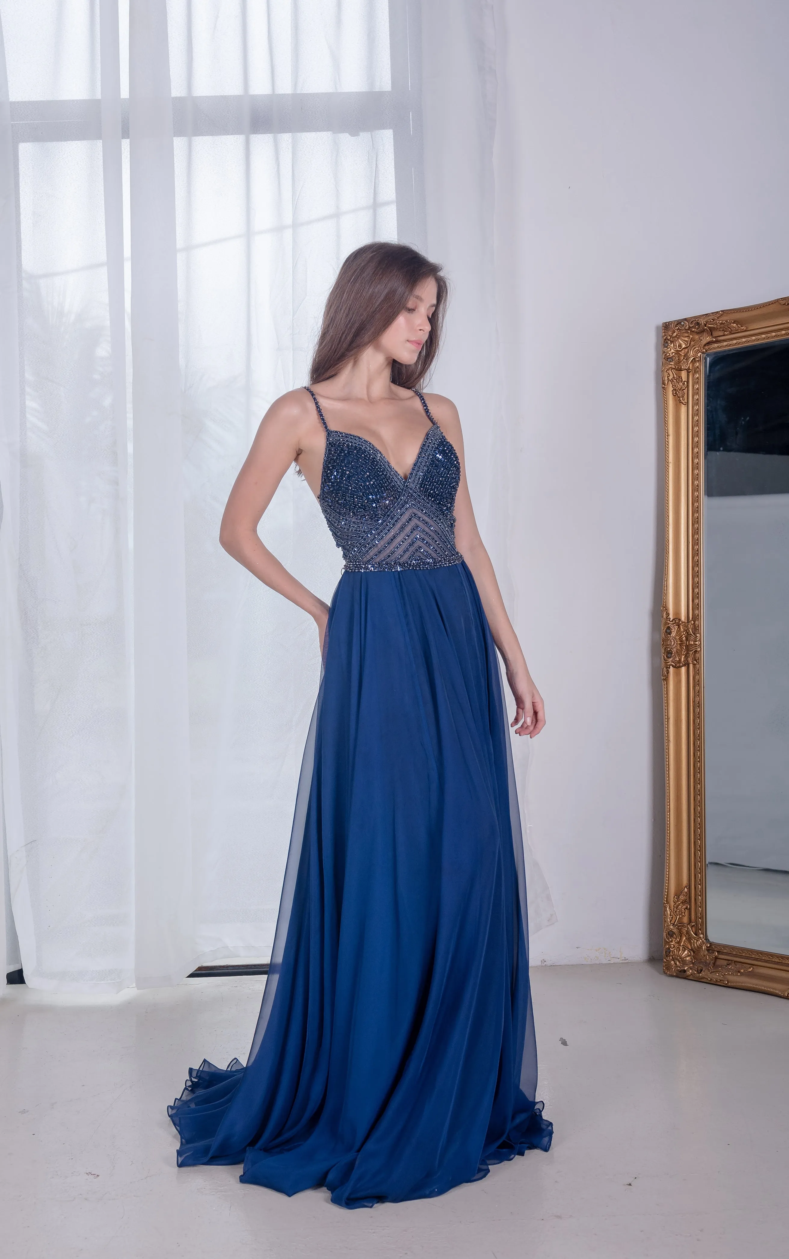 J Navy Majestic Chiffon Gown