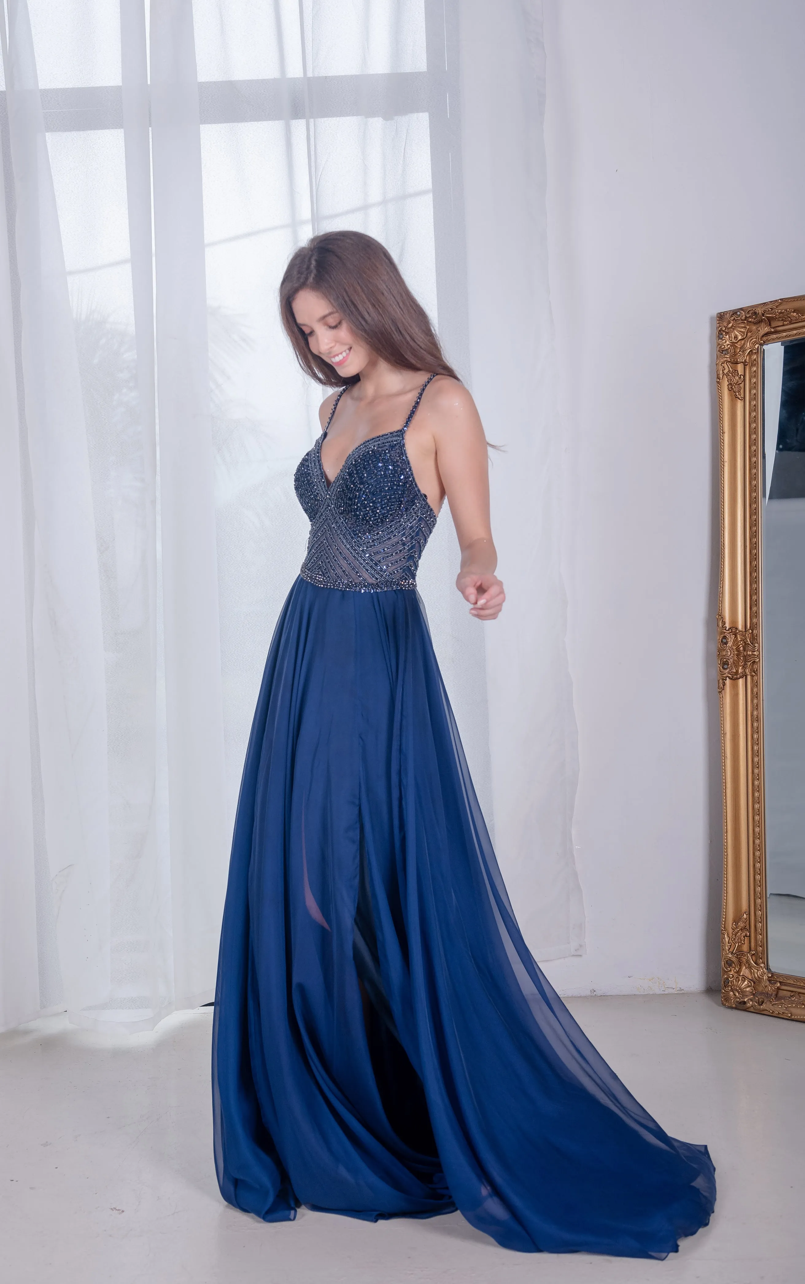 J Navy Majestic Chiffon Gown